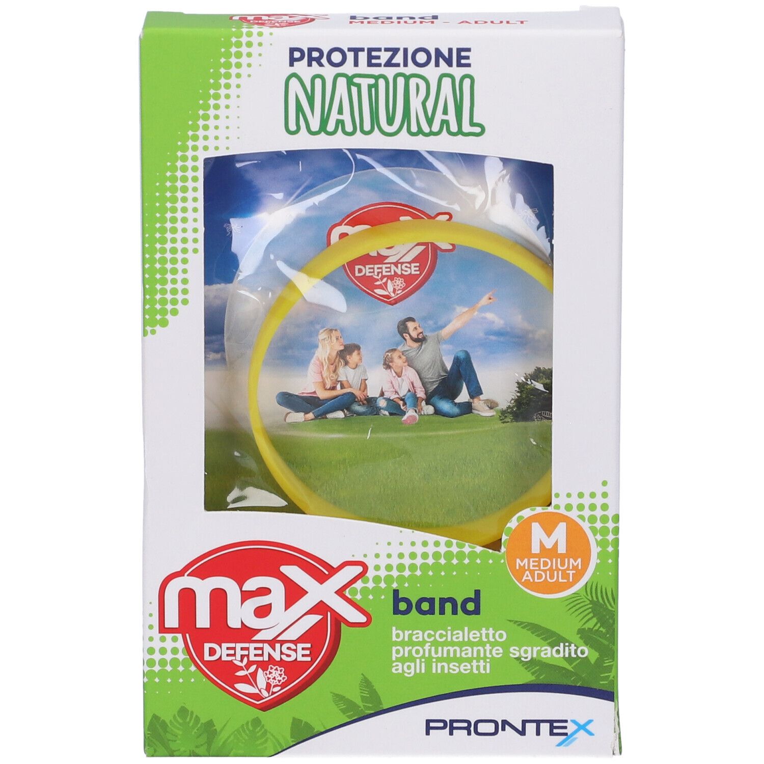 Confezione con braccialetto giallo. Scritte: "max DEFENSE", "NATURAL", "MEDIUM - ADULT".