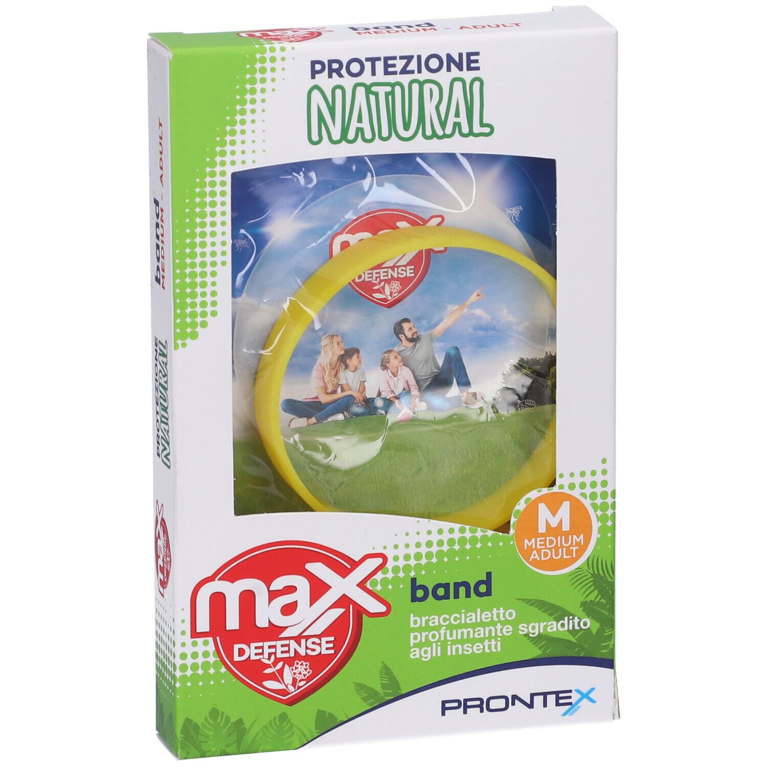 Confezione con braccialetto giallo. Scritte: "max DEFENSE", "NATURAL", "MEDIUM - ADULT".