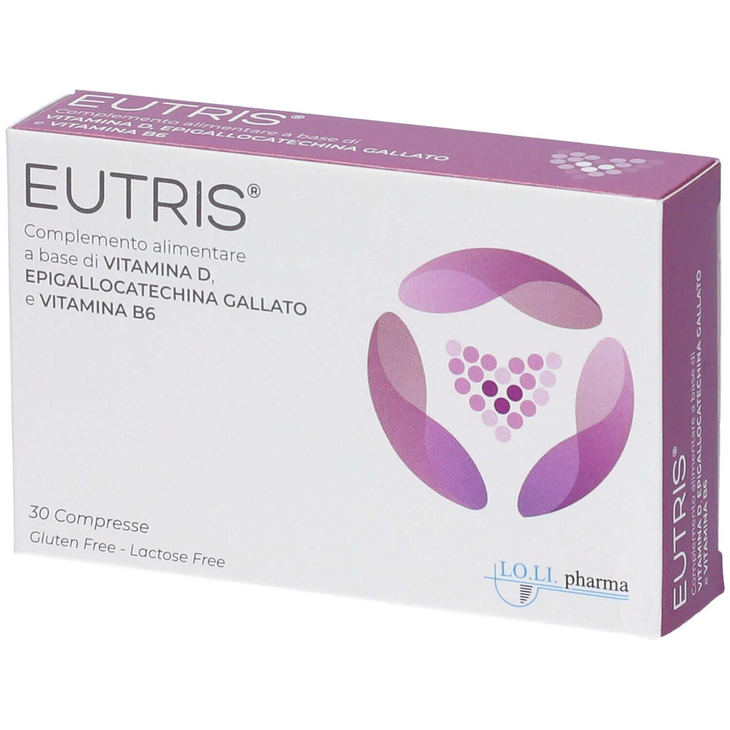 Scatola di compresse Eutris. Scritto: Integratore alimentare a base di vitamina D, epigallocatechina gallato e vitamina B6. 30 compresse.