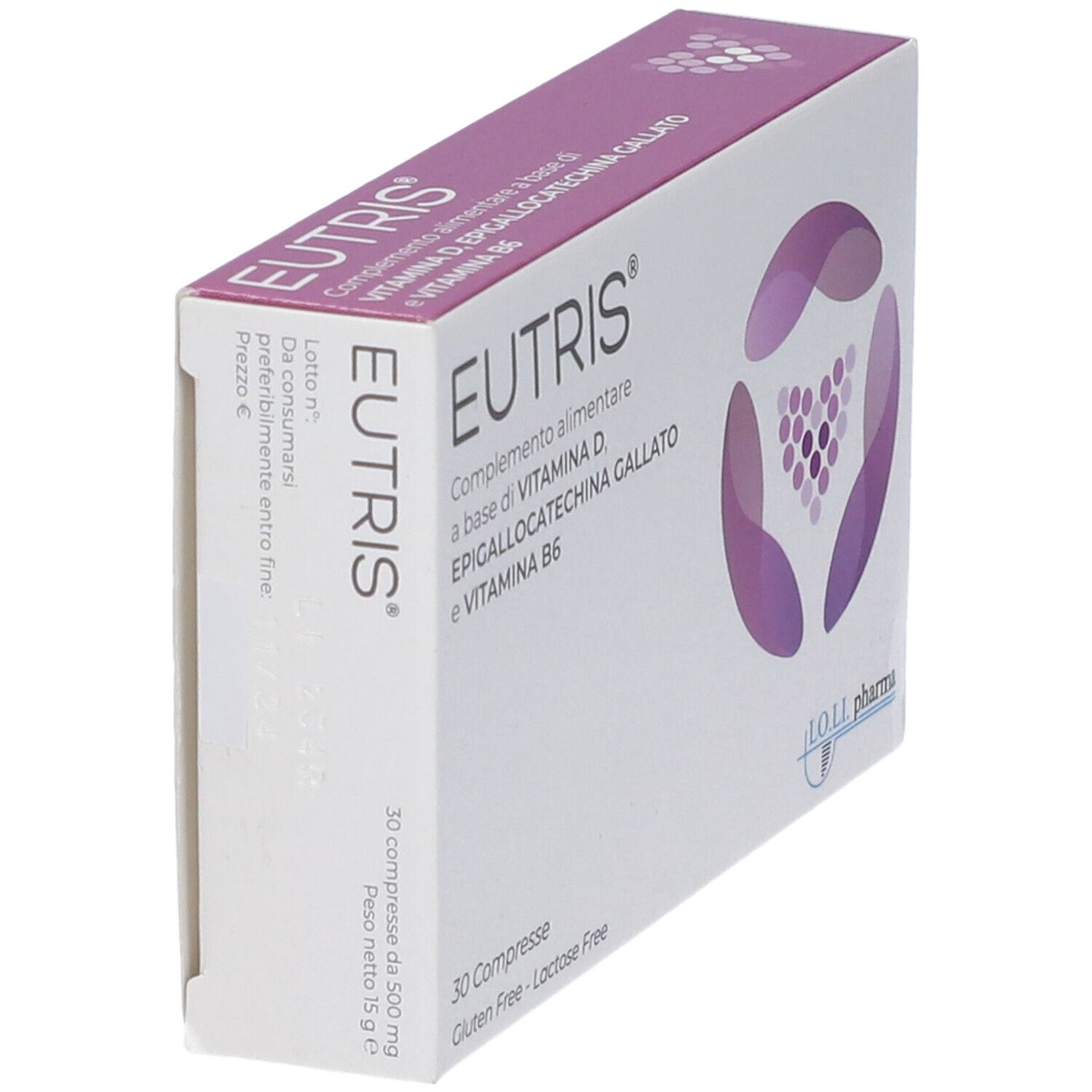 Scatola di compresse Eutris, angolata. Scritto: Integratore alimentare a base di vitamina D, epigallocatechina gallato e vitamina B6. 30 compresse.