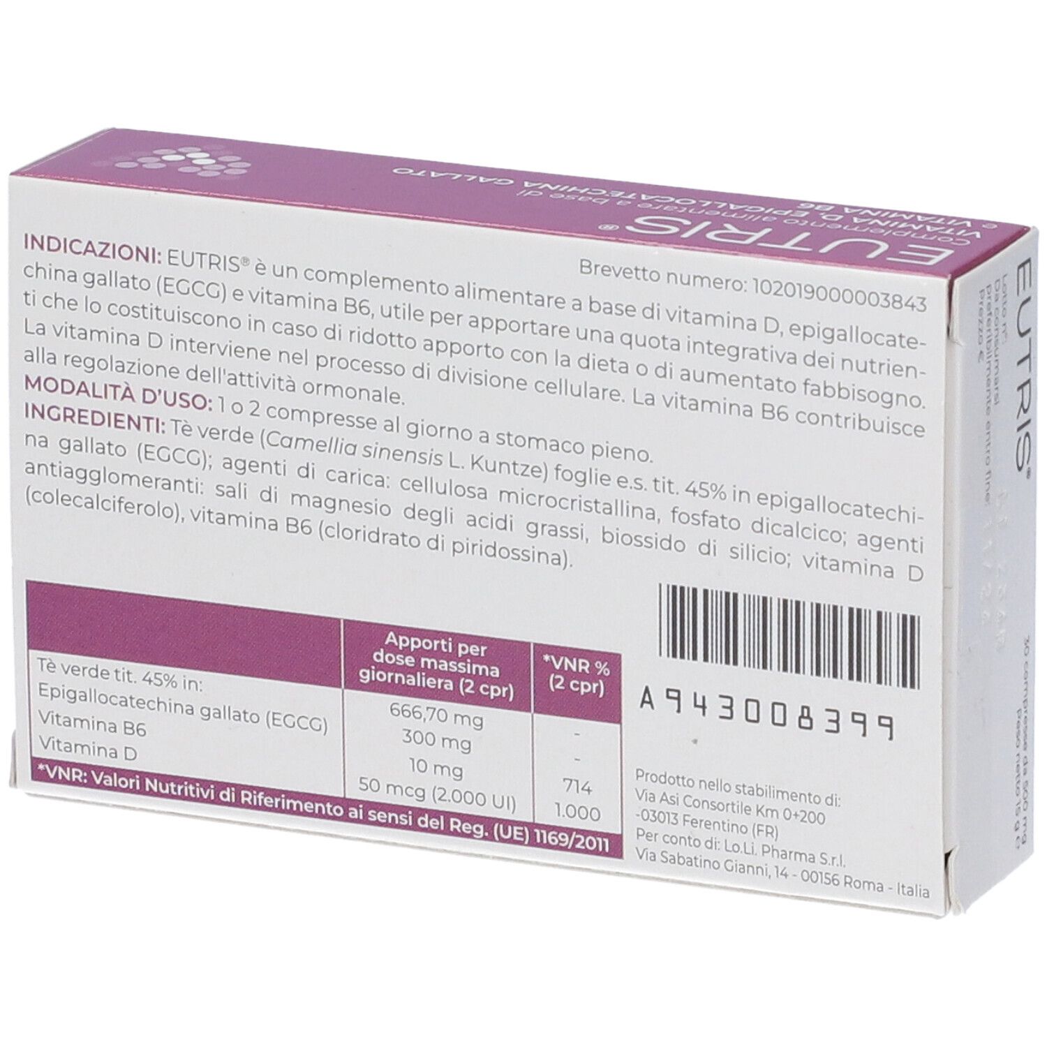 Retro della scatola di compresse Eutris. Testo con ingredienti e informazioni nutrizionali. Marchio e numero di lotto visibili.