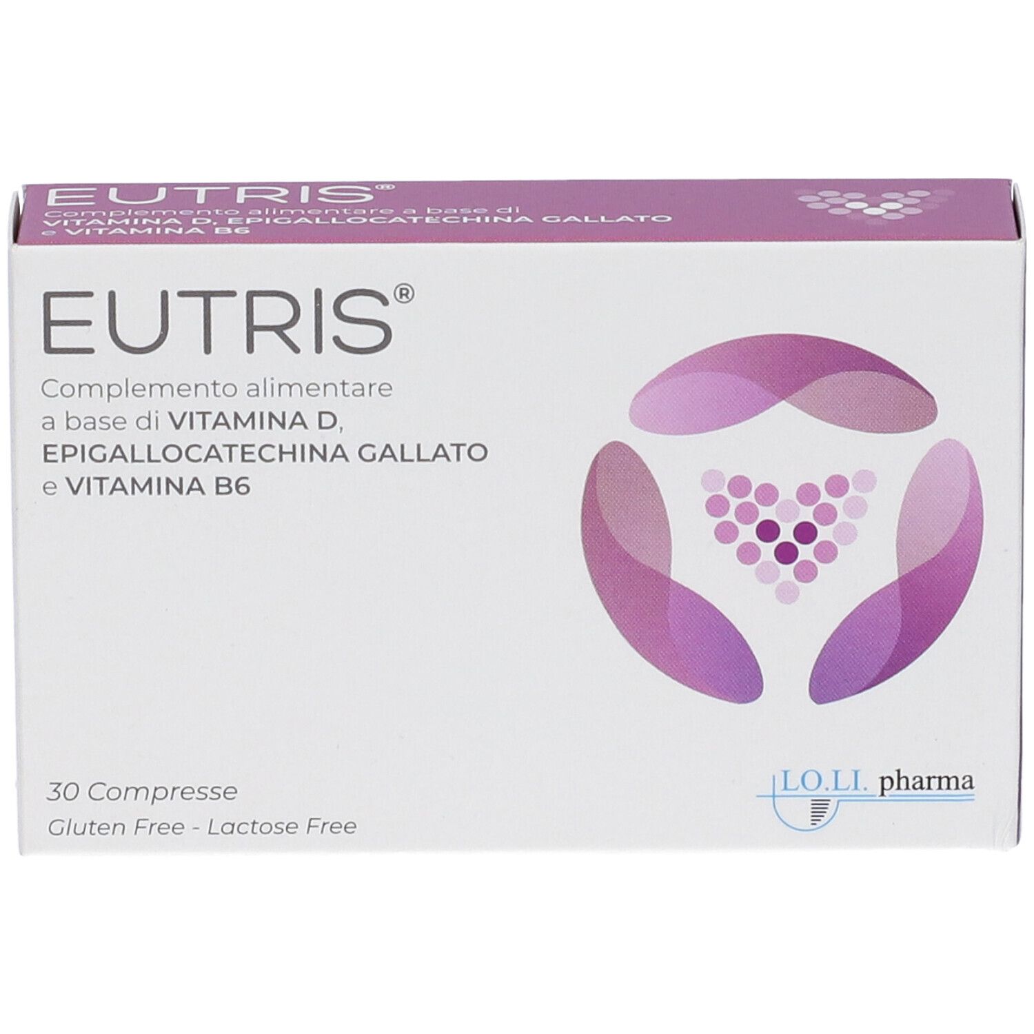 Scatola di compresse Eutris. Scritto: Integratore alimentare a base di vitamina D, epigallocatechina gallato e vitamina B6. 30 compresse.