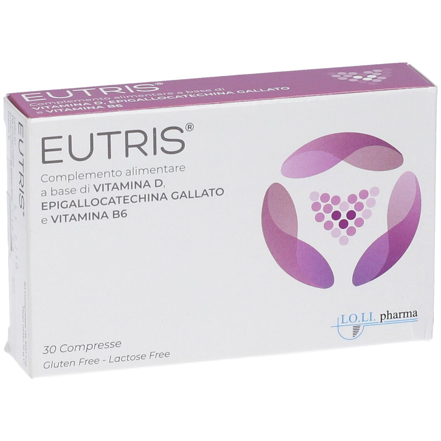 Scatola di compresse Eutris. Scritto: Integratore alimentare a base di vitamina D, epigallocatechina gallato e vitamina B6. 30 compresse.