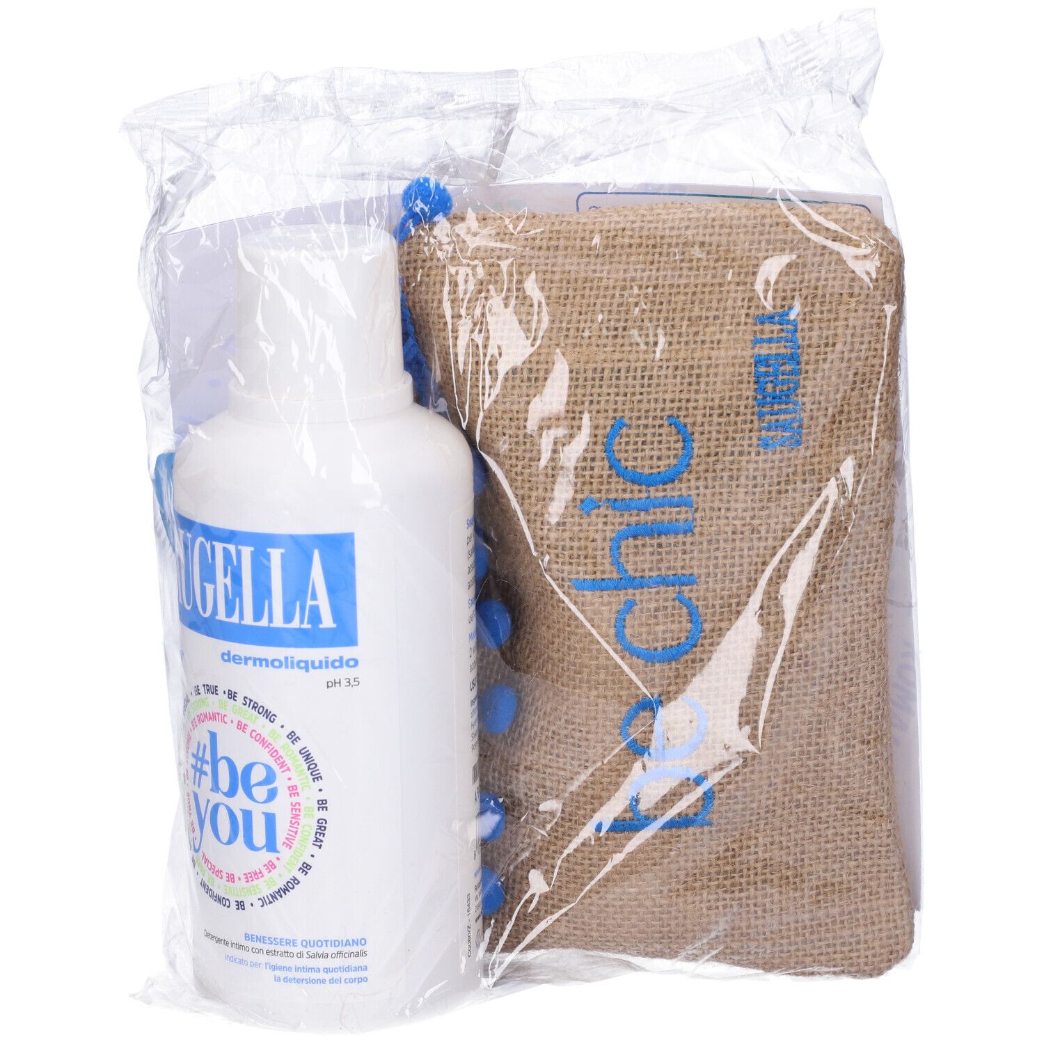 Confezione trasparente con flacone e sacchetto. Flacone con etichetta blu. Sacchetto con scritta 'be chic'.
