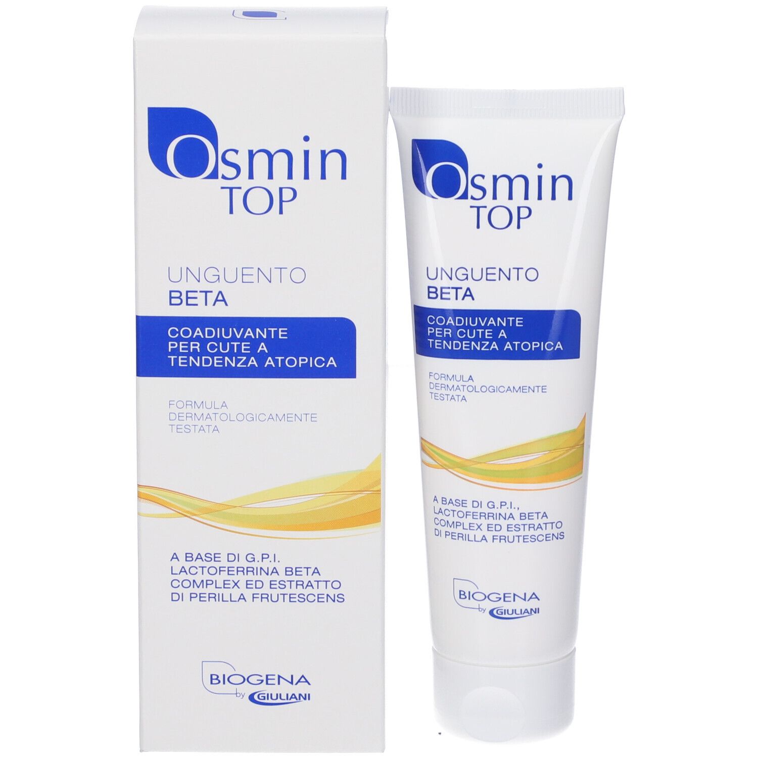 Produktverpackung und Tube. Weiße Verpackung mit blauem und gelbem Aufdruck. Tube mit gleichem Design.