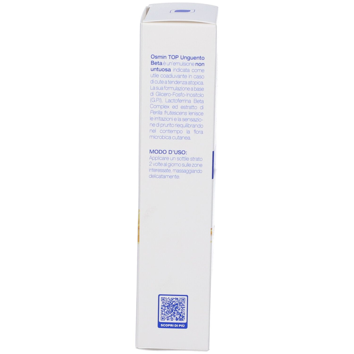 Schmale, weiße Produktverpackung. Text in italienischer Sprache. QR-Code. Recycling-Symbole.