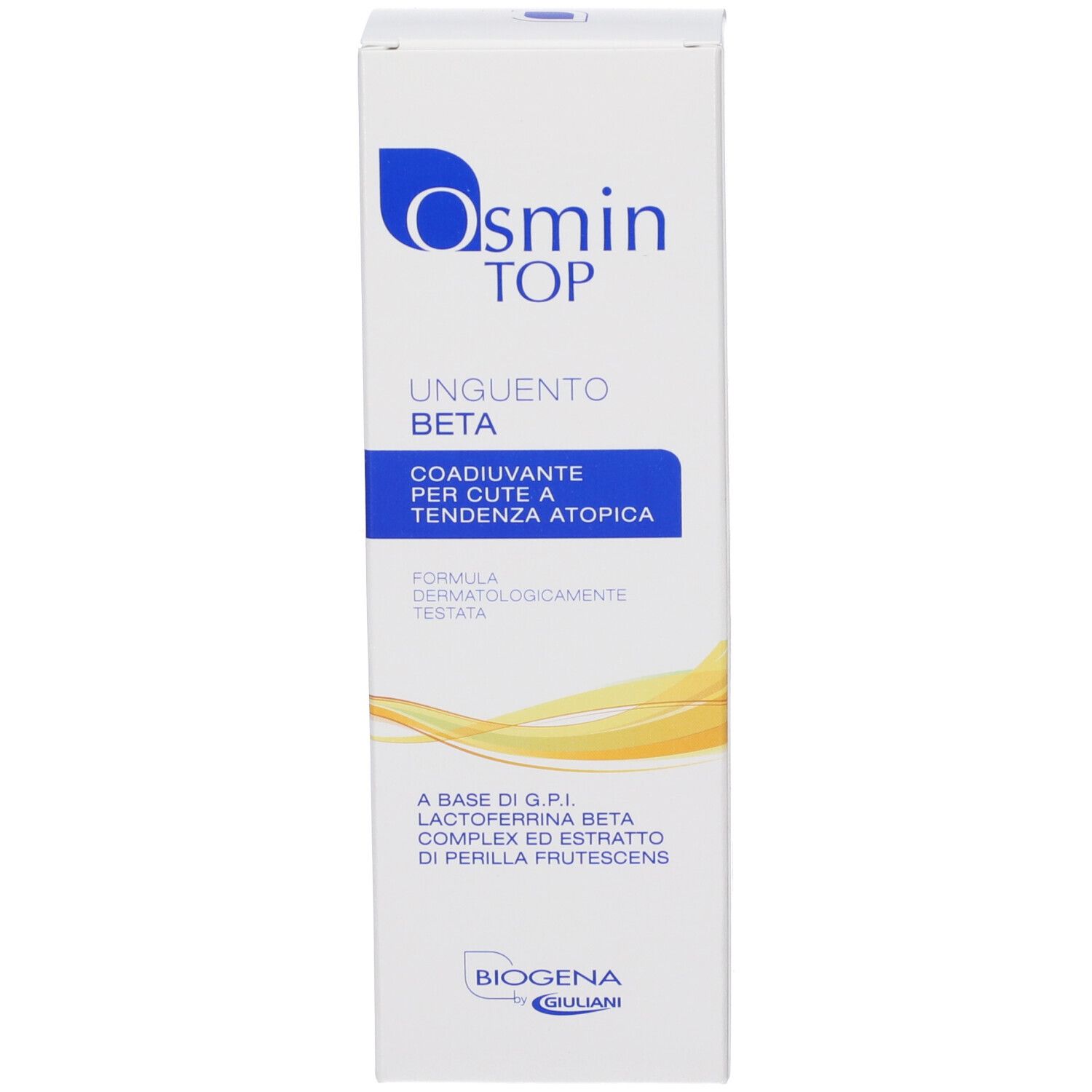 Weiße Produktverpackung mit blauem und gelbem Aufdruck. Schriftzug Osmin TOP Unguento Beta. Text in italienischer Sprache.