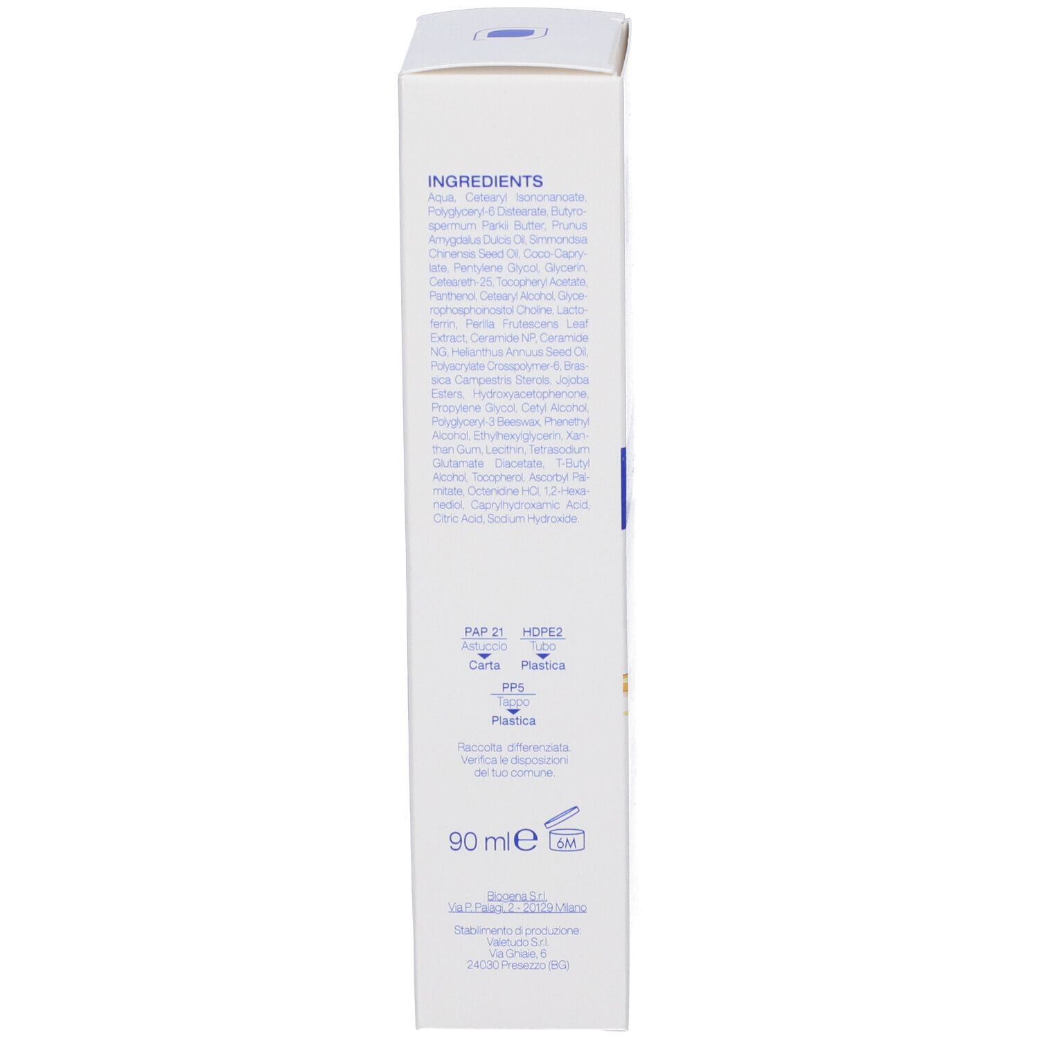 Rückseite der Produktverpackung. Auflistung der Inhaltsstoffe in italienischer Sprache. Recycling-Symbole. Volumenangabe.