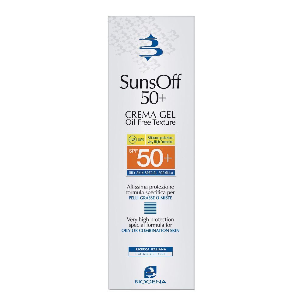 Tubo crema solare SunsOff 50+. Crema Gel, texture oil free. SPF 50+. Per pelli grasse.