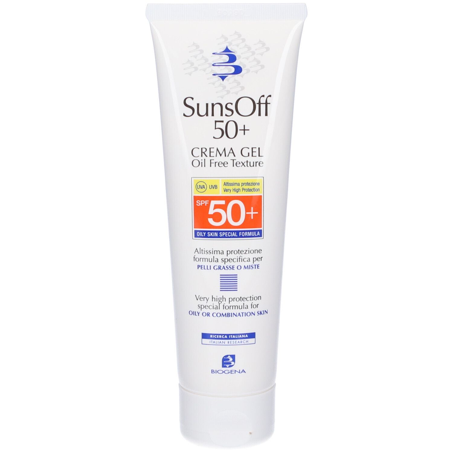 Tubo crema solare SunsOff 50+. Crema Gel, texture oil free. SPF 50+. Per pelli grasse.