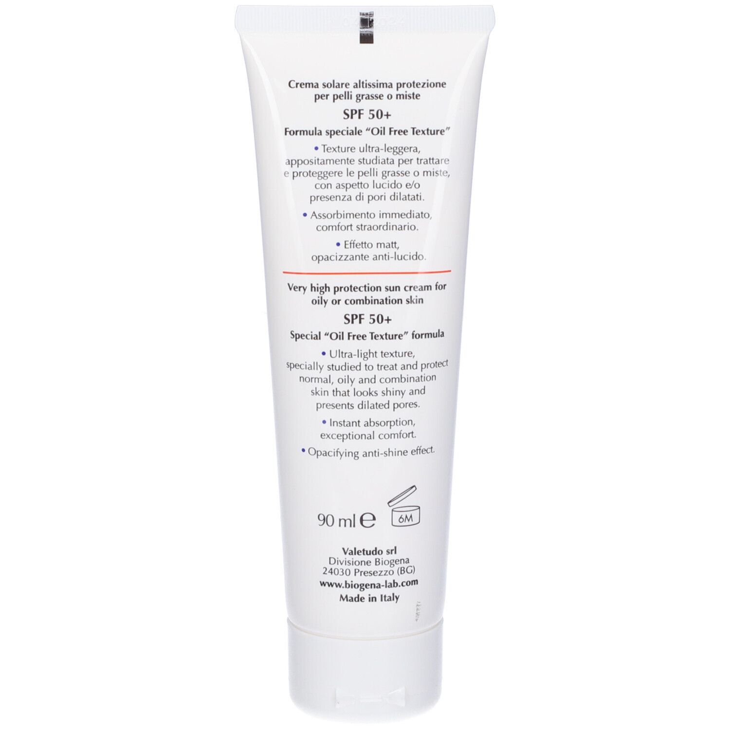 Retro del tubo crema solare. Testo: SPF 50+, texture oil free. 90 ml. Per pelli grasse o miste.