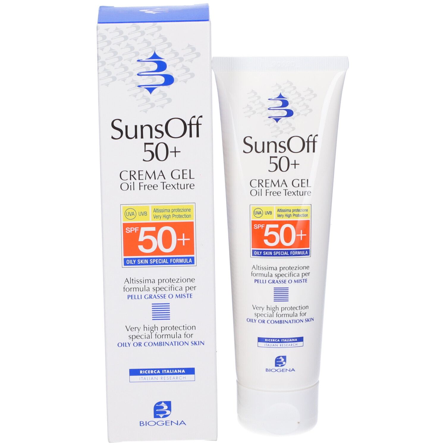 Crema solare e confezione. Marca: SunsOff 50+. Crema Gel, texture oil free. SPF 50+. Per pelli grasse.