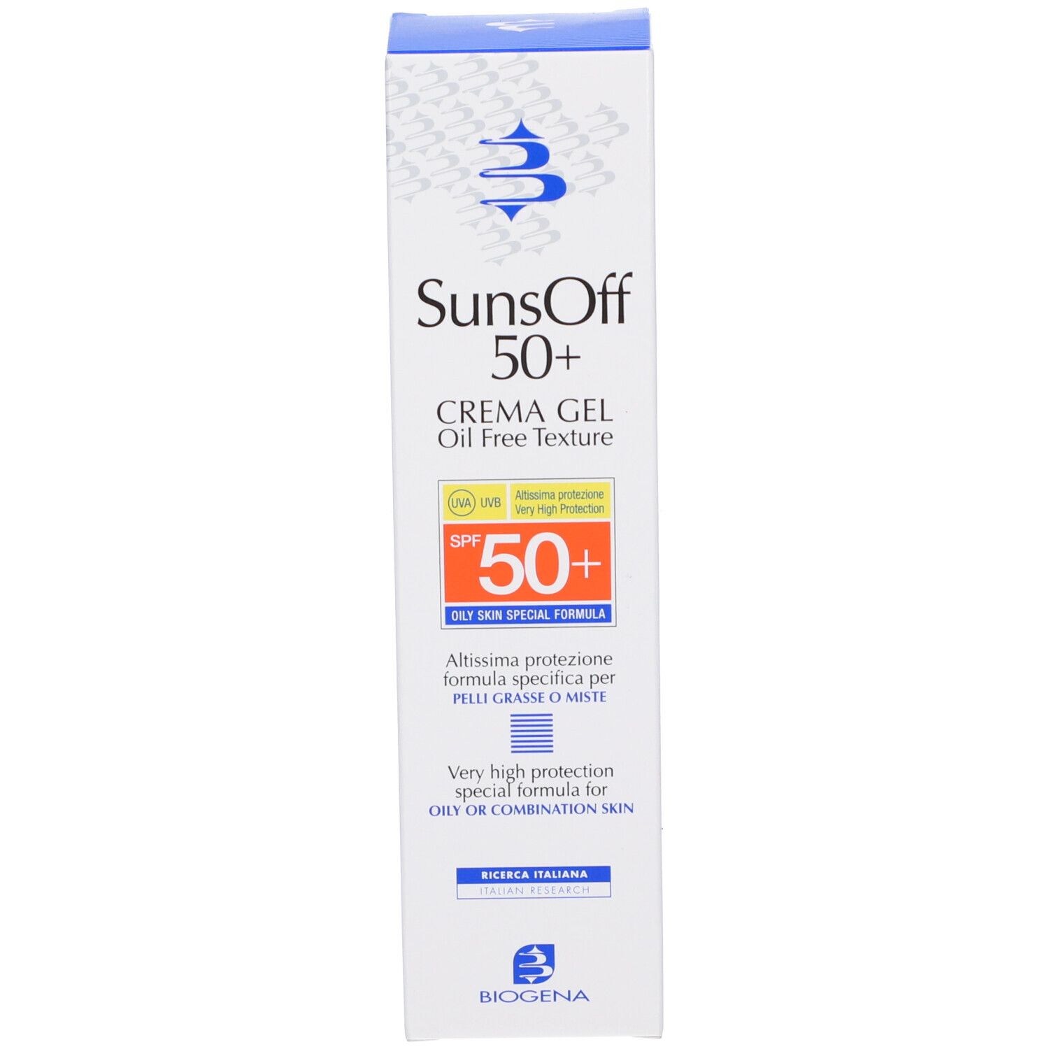 Confezione crema solare. Marca: SunsOff 50+. Crema Gel, texture oil free. SPF 50+. Per pelli grasse.