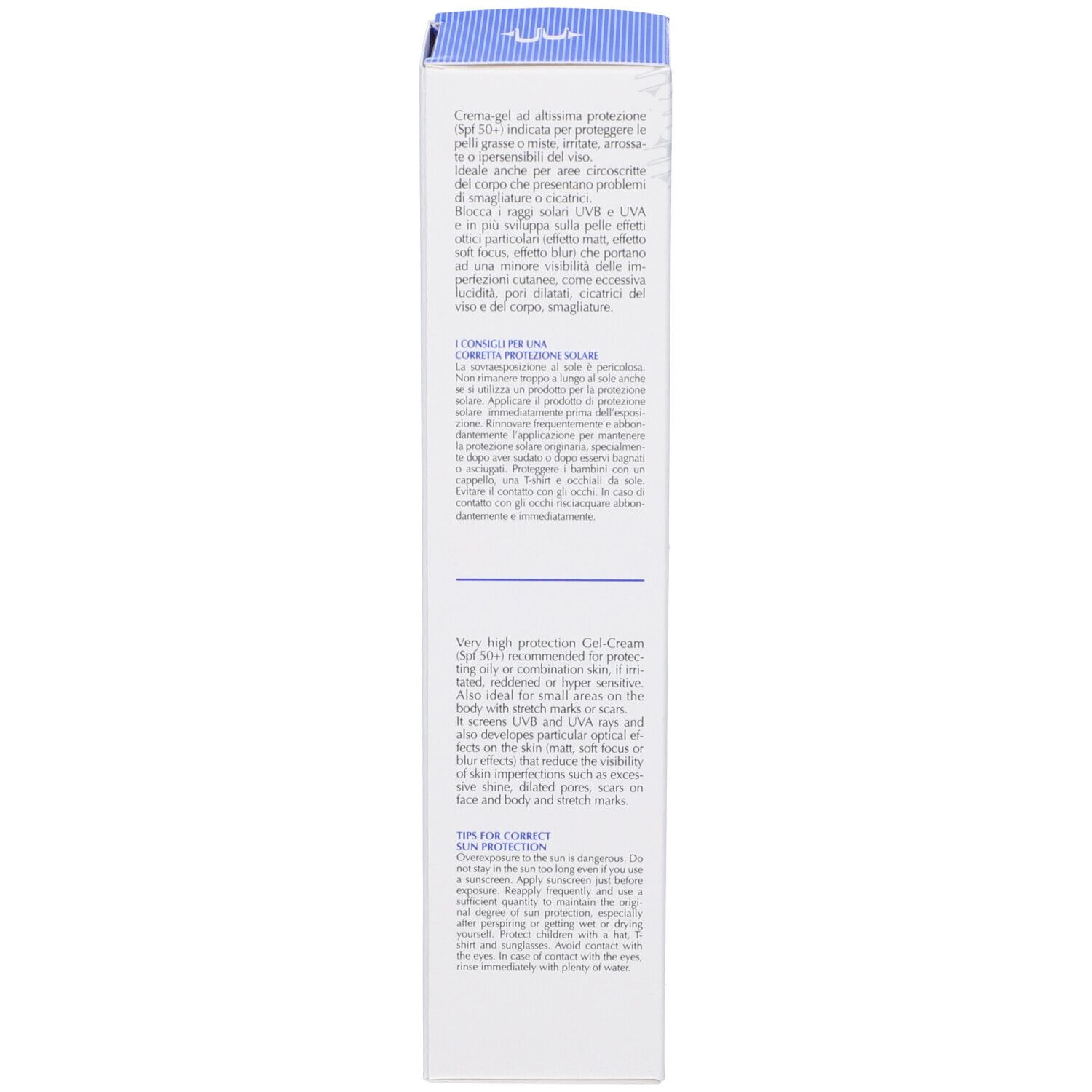 Retro della confezione. Testo: Crema solare per pelli grasse o miste. SPF 50+. Istruzioni.