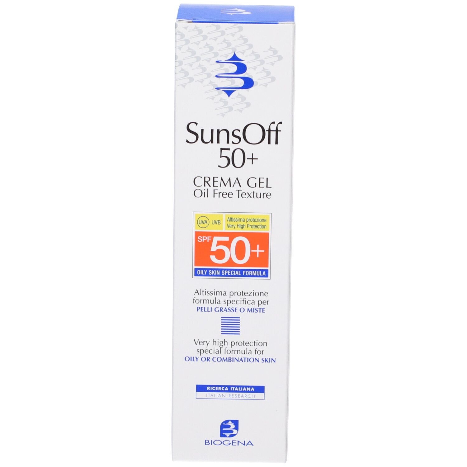 Confezione crema solare. Marca: SunsOff 50+. Crema Gel, texture oil free. SPF 50+. Per pelli grasse.