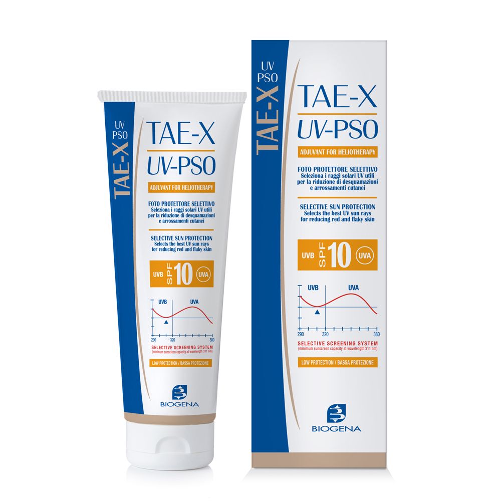 Tubo e scatola di crema. Scritta: TAE-X UV-PSO, SPF 10. Marchio: Biogena. Per pelli sensibili al sole.