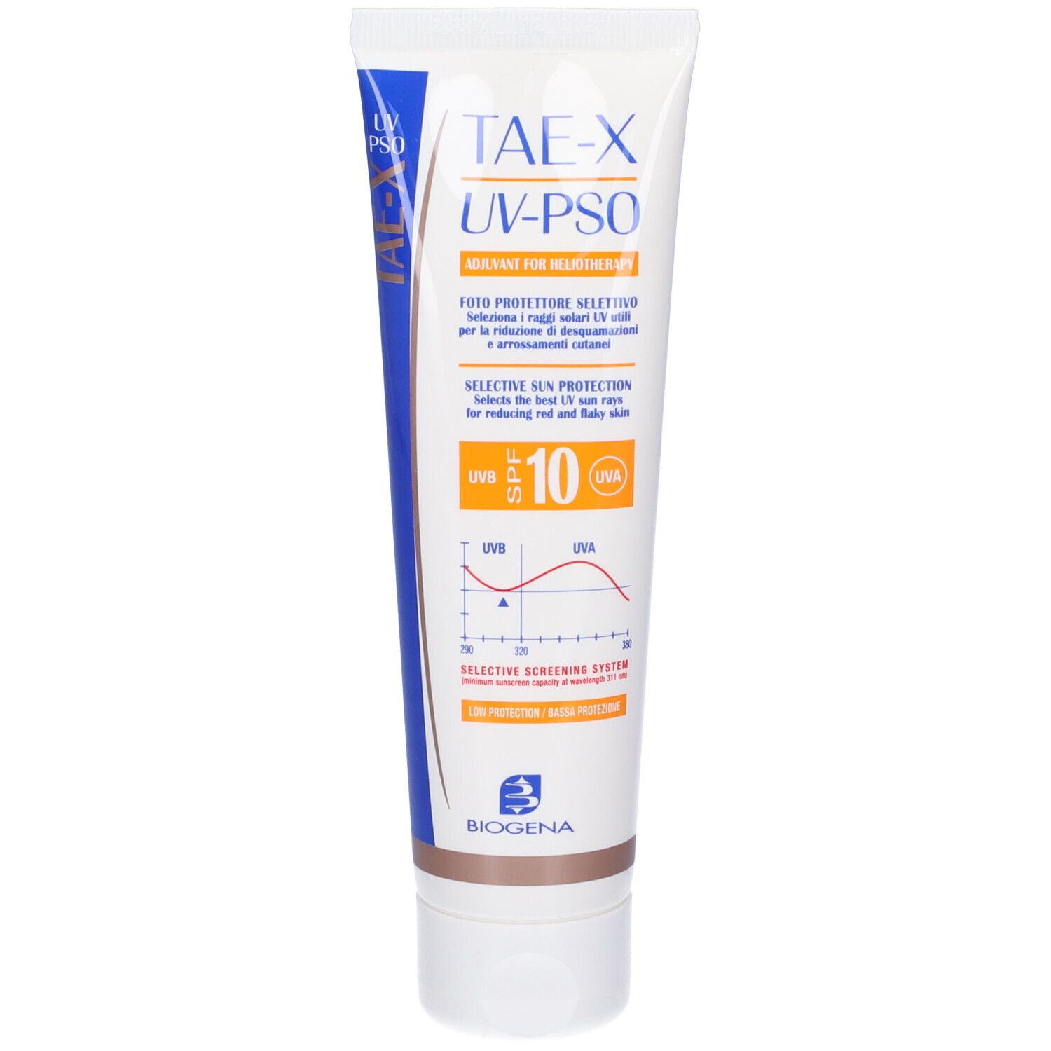 Tubo di crema, bianco con accenti blu. Scritta: TAE-X UV-PSO, SPF 10. Marchio: Biogena. Per pelli sensibili al sole.