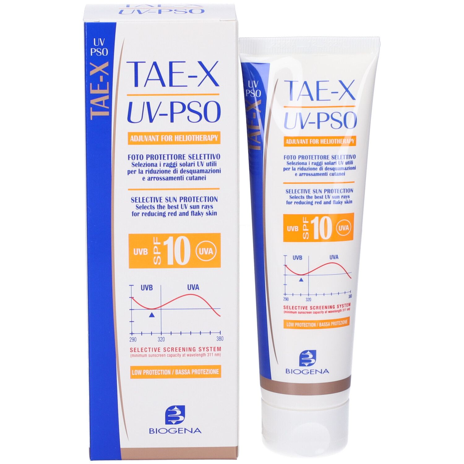 Tubo e scatola di crema. Scritta: TAE-X UV-PSO, SPF 10. Marchio: Biogena. Per pelli sensibili al sole.