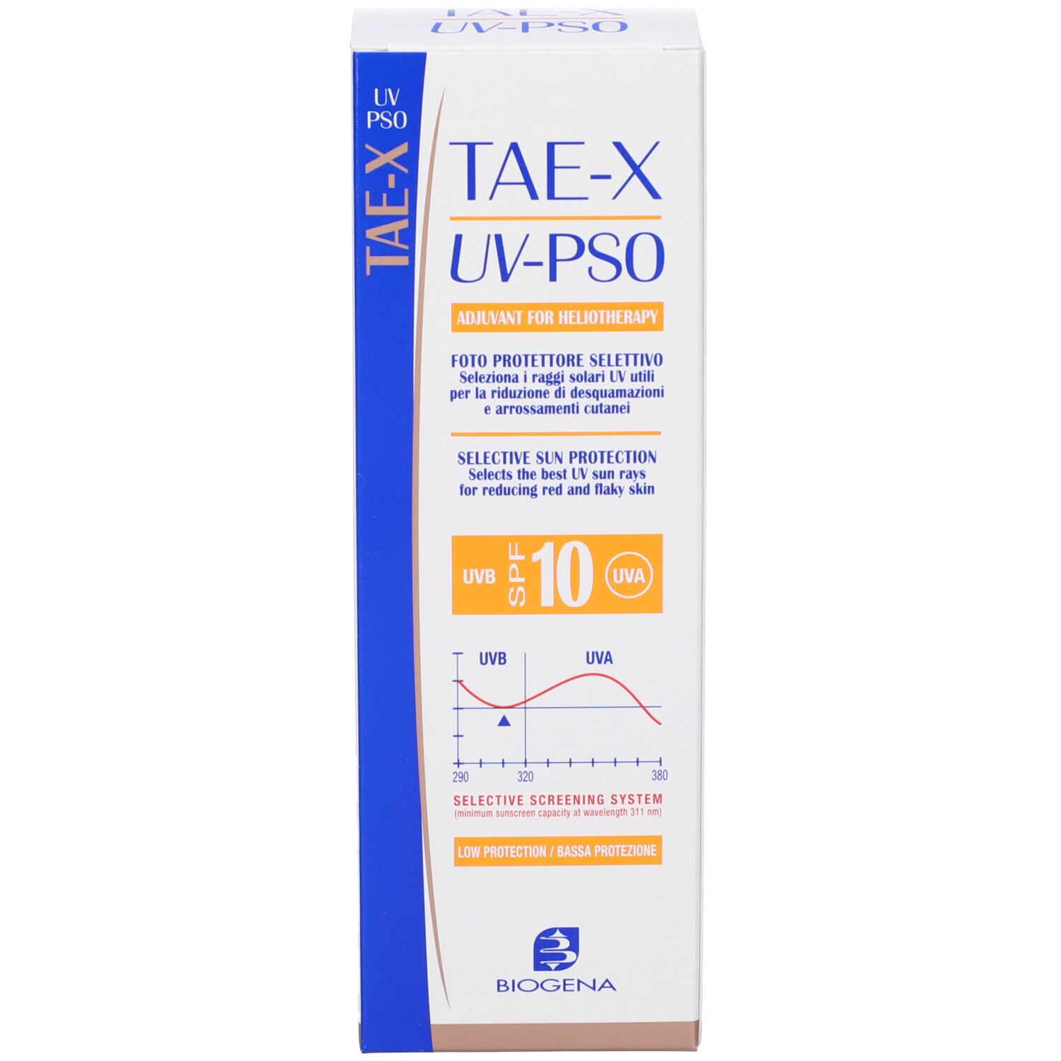 Scatola, bianca con accenti blu. Scritta: TAE-X UV-PSO, SPF 10. Marchio: Biogena. Per pelli sensibili al sole.