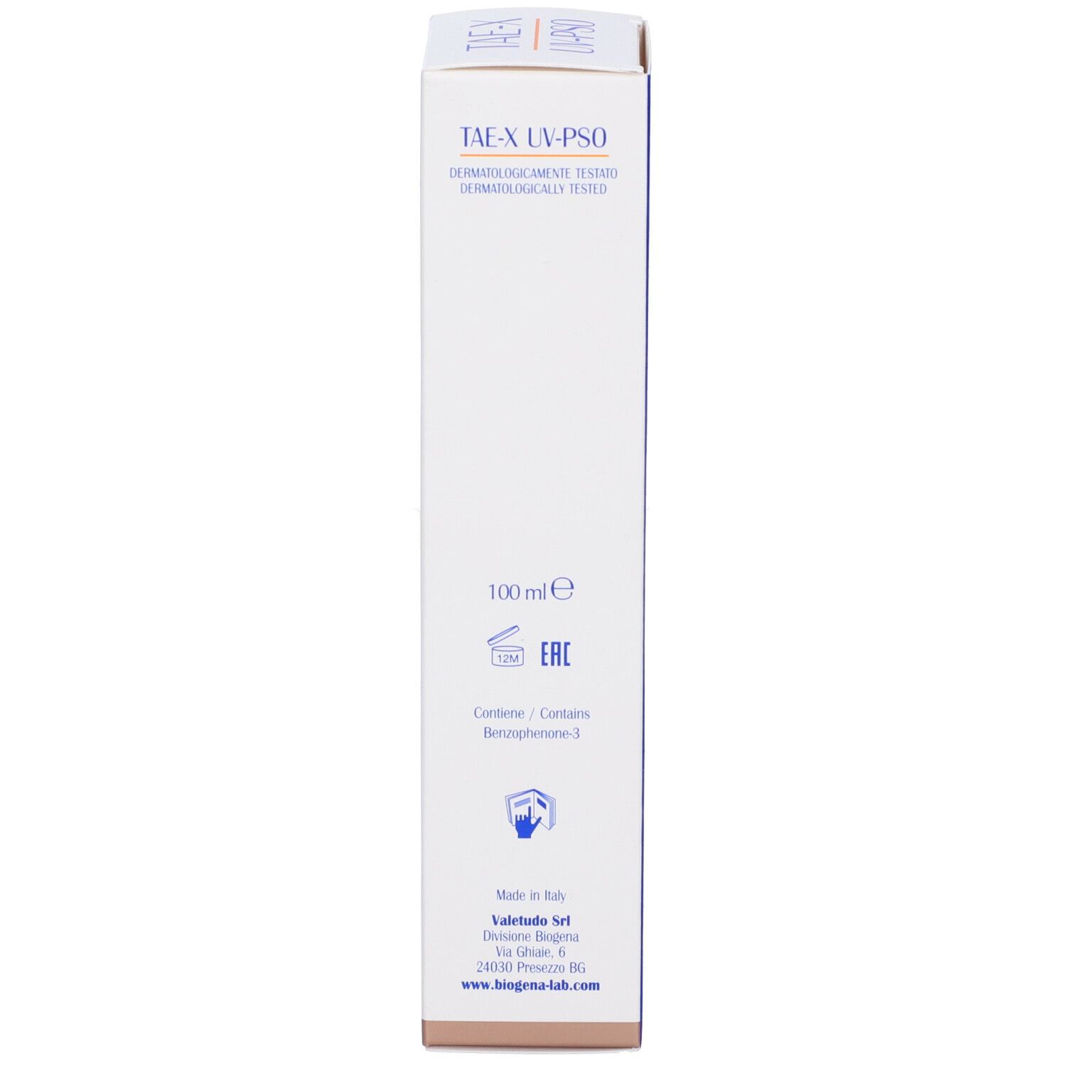 Scatola, bianca con accenti blu. Scritta: TAE-X UV-PSO. 100 ml. Informazioni produttore.
