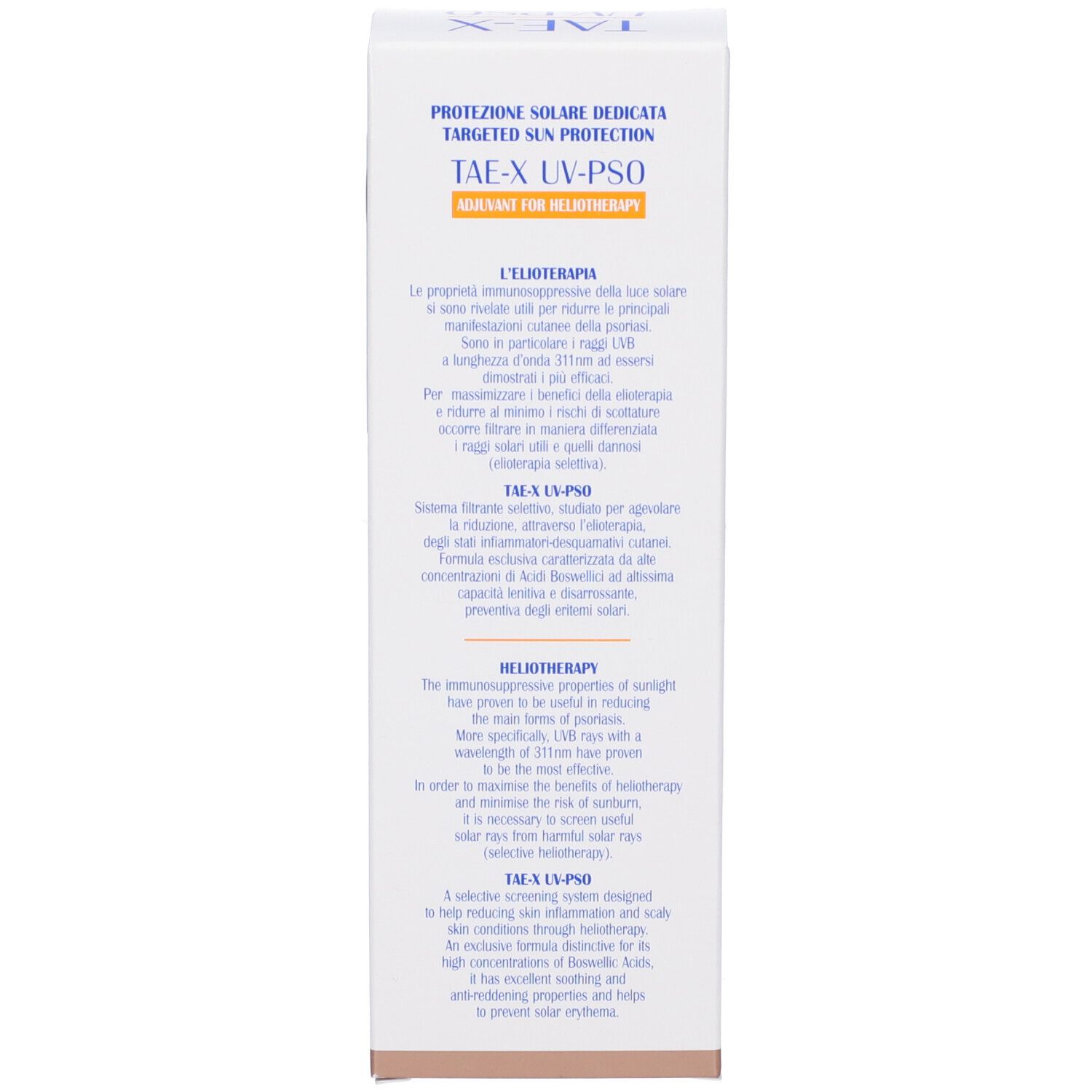 Scatola, testo. Scritta: TAE-X UV-PSO. Informazioni sull'uso e sugli ingredienti.