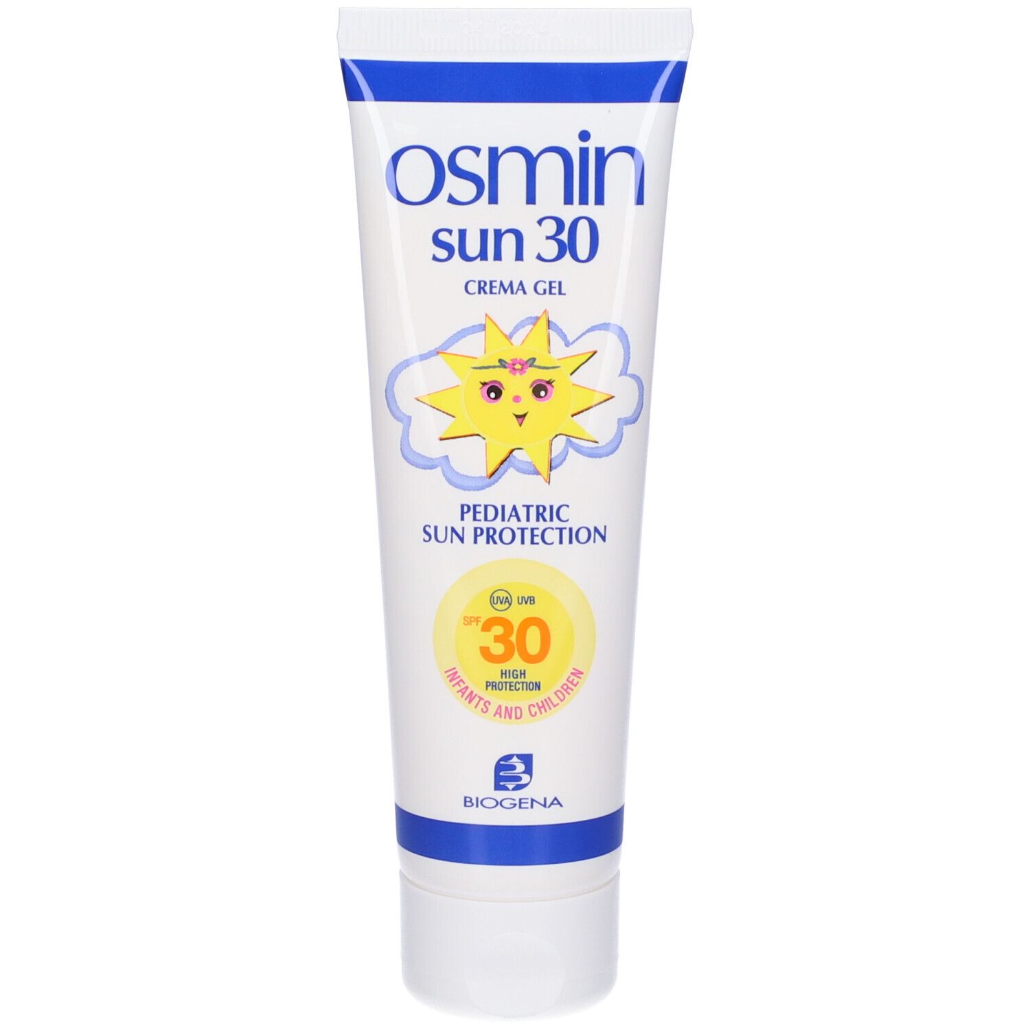 Tubo Osmin Sun 30 Crema Gel. Protezione solare bambini SPF 30. Logo Biogena.
