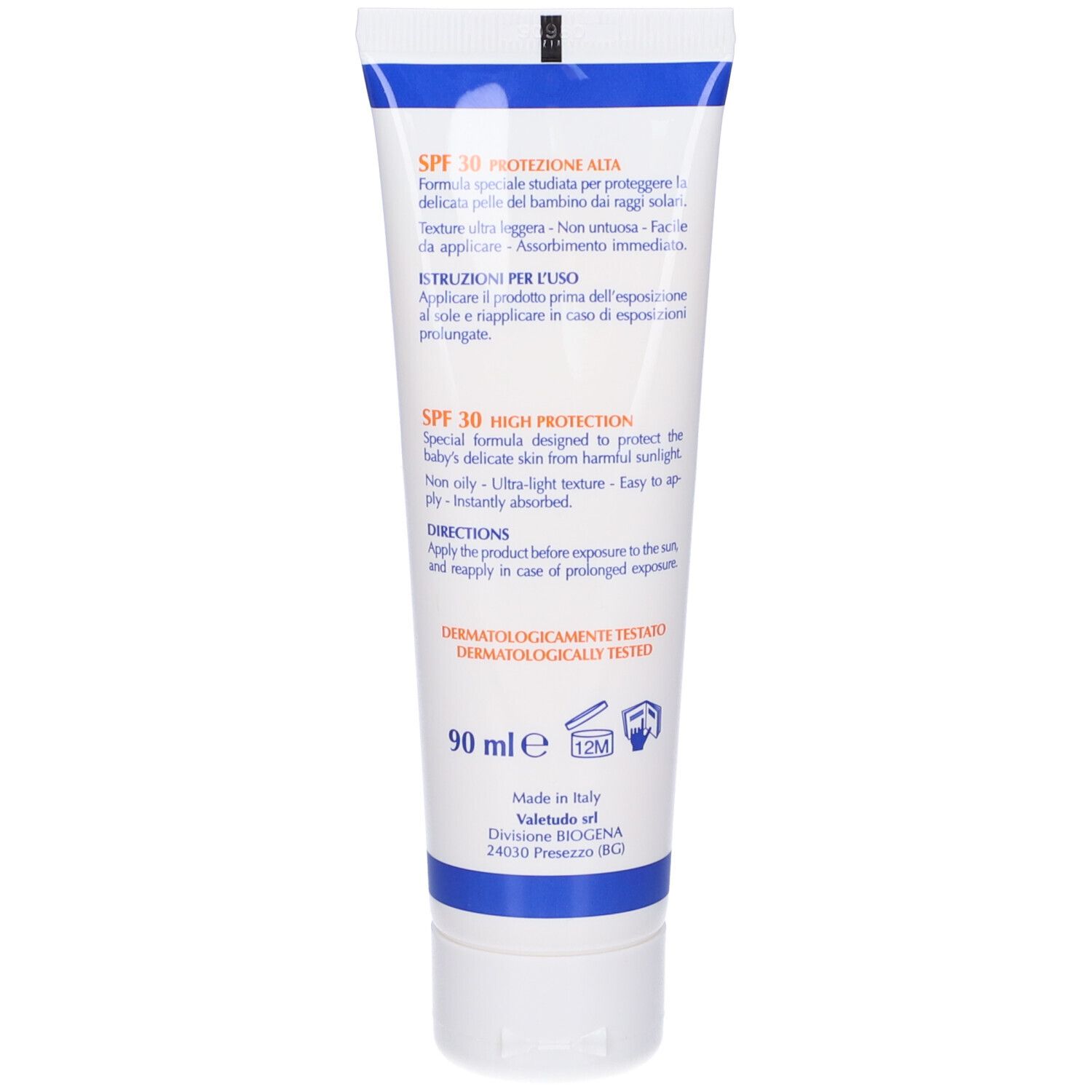 Retro del tubo Osmin Sun 30. Testo su SPF 30, uso e ingredienti. 90 ml.