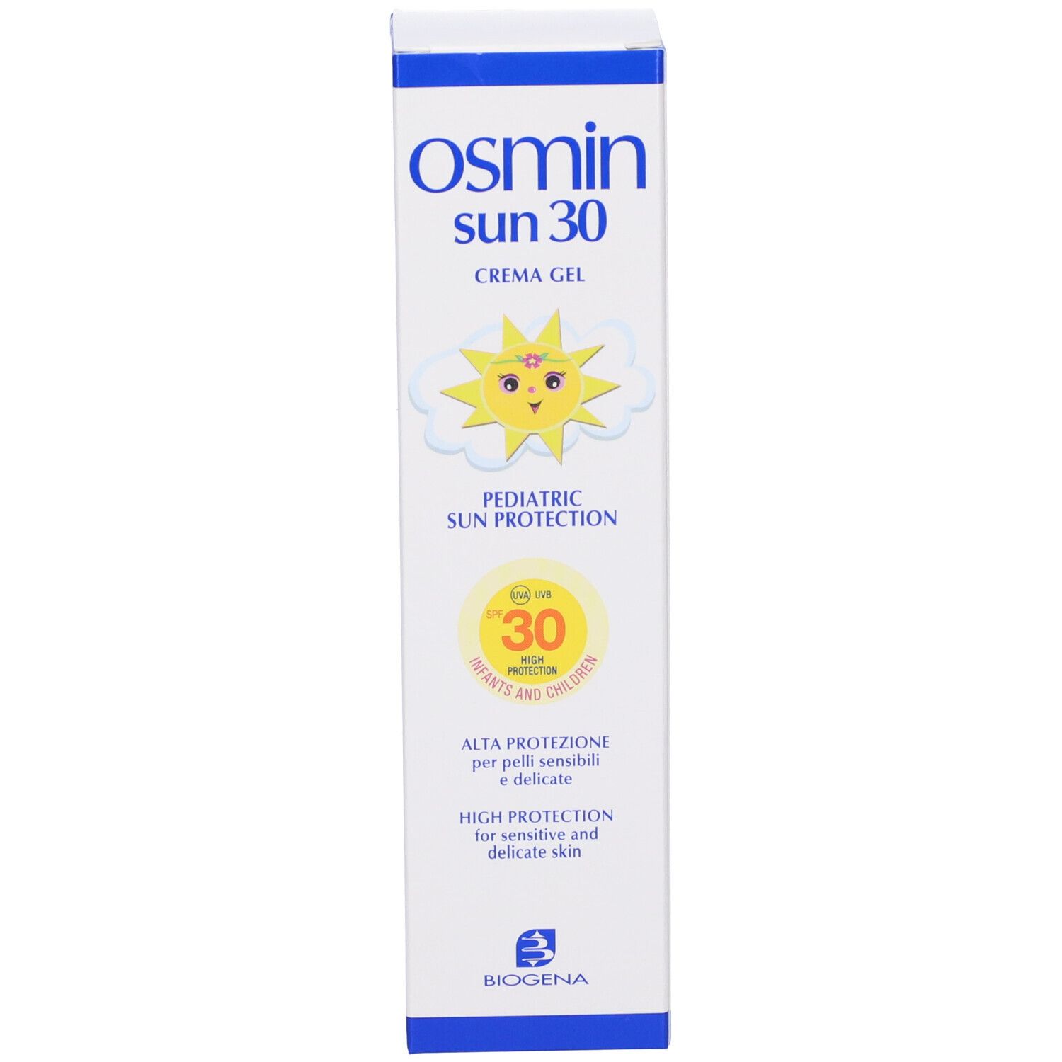 Confezione Osmin Sun 30. Protezione solare bambini SPF 30. Logo Biogena.