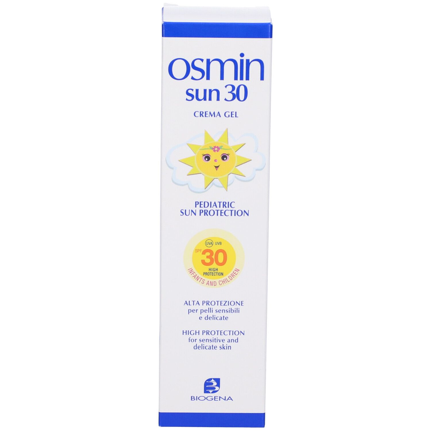 Confezione Osmin Sun 30. Protezione solare bambini SPF 30. Logo Biogena.