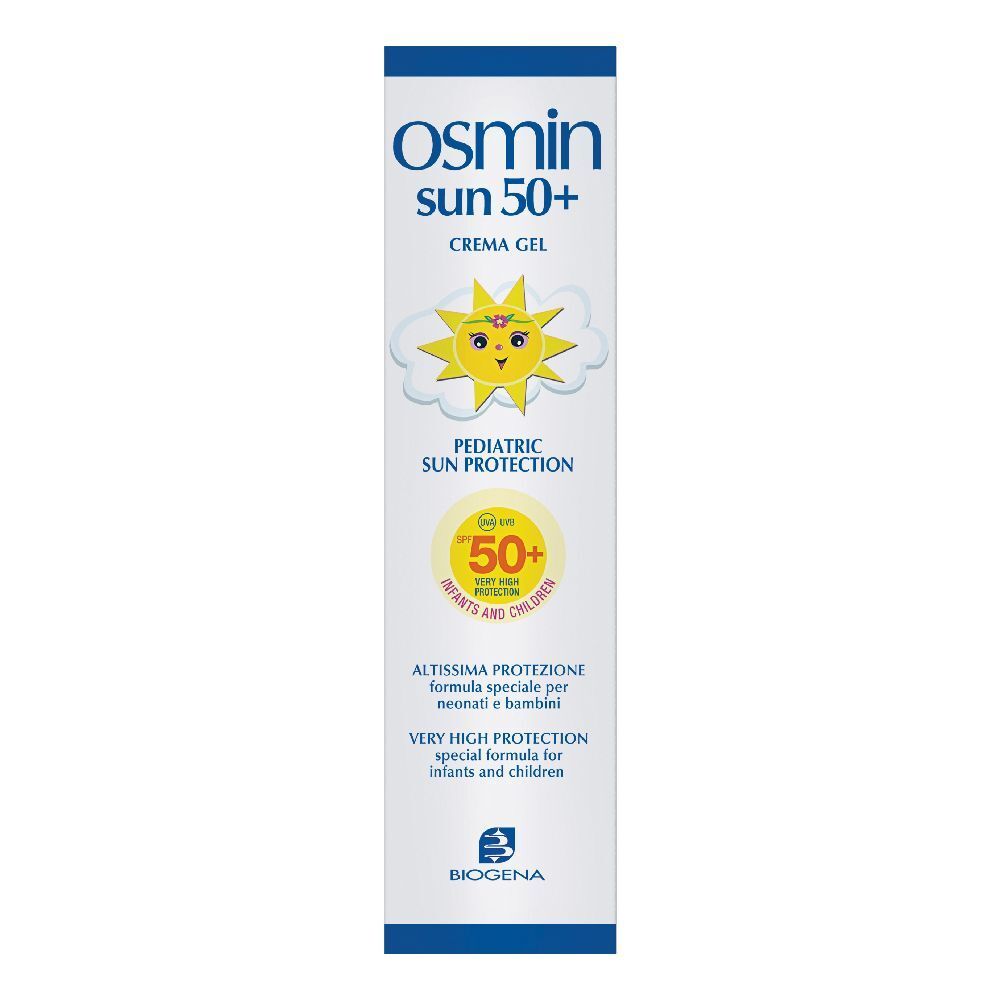 Tubo crema solare Osmin Sun 50+ con disegno sole. Protezione solare pediatrica per bambini.