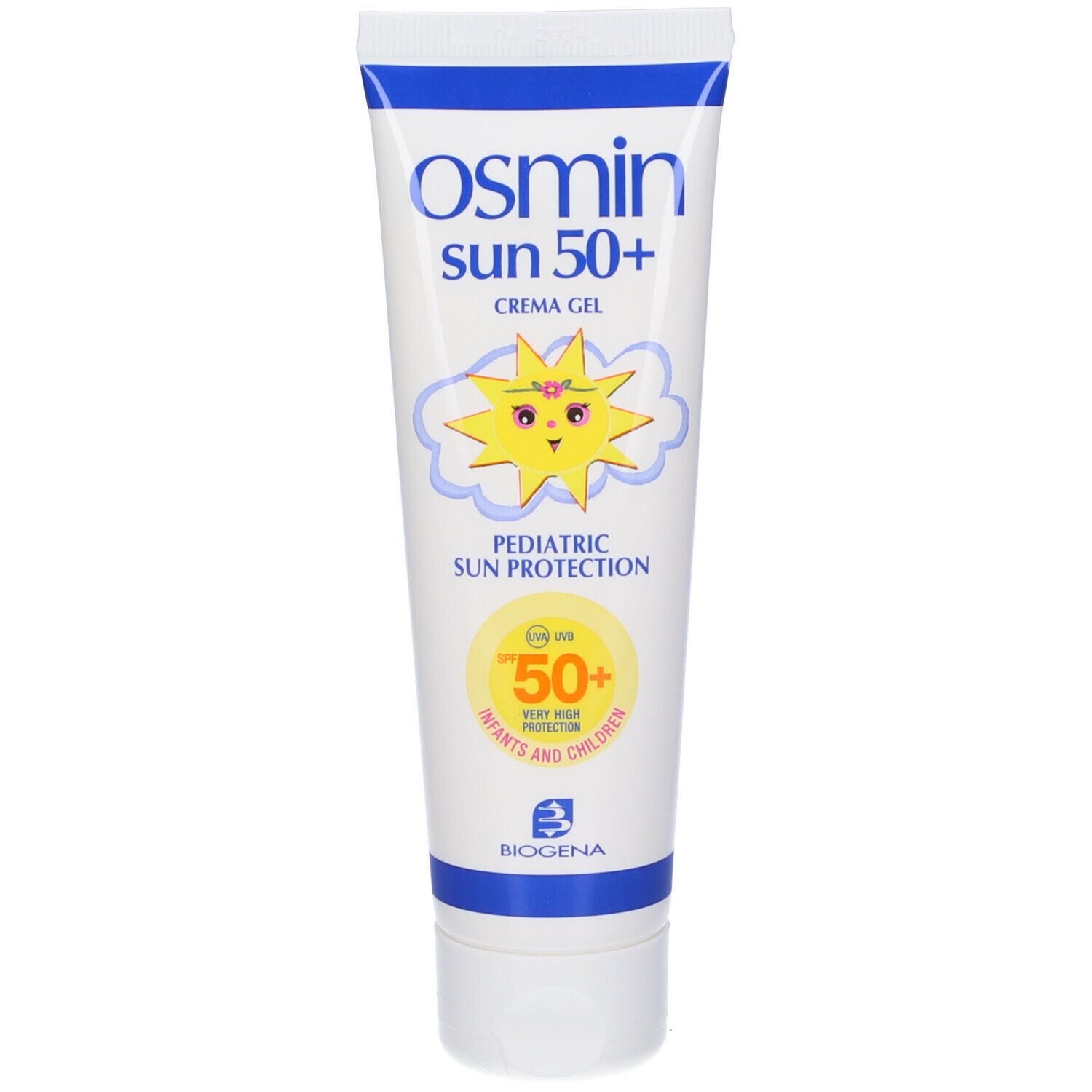 Tubo crema solare Osmin Sun 50+ con disegno sole. Protezione solare pediatrica.