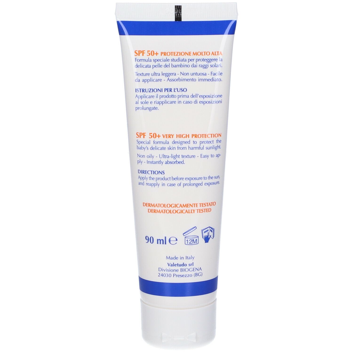 Retro del tubo crema solare Osmin Sun 50+. Testo e informazioni sull'uso.