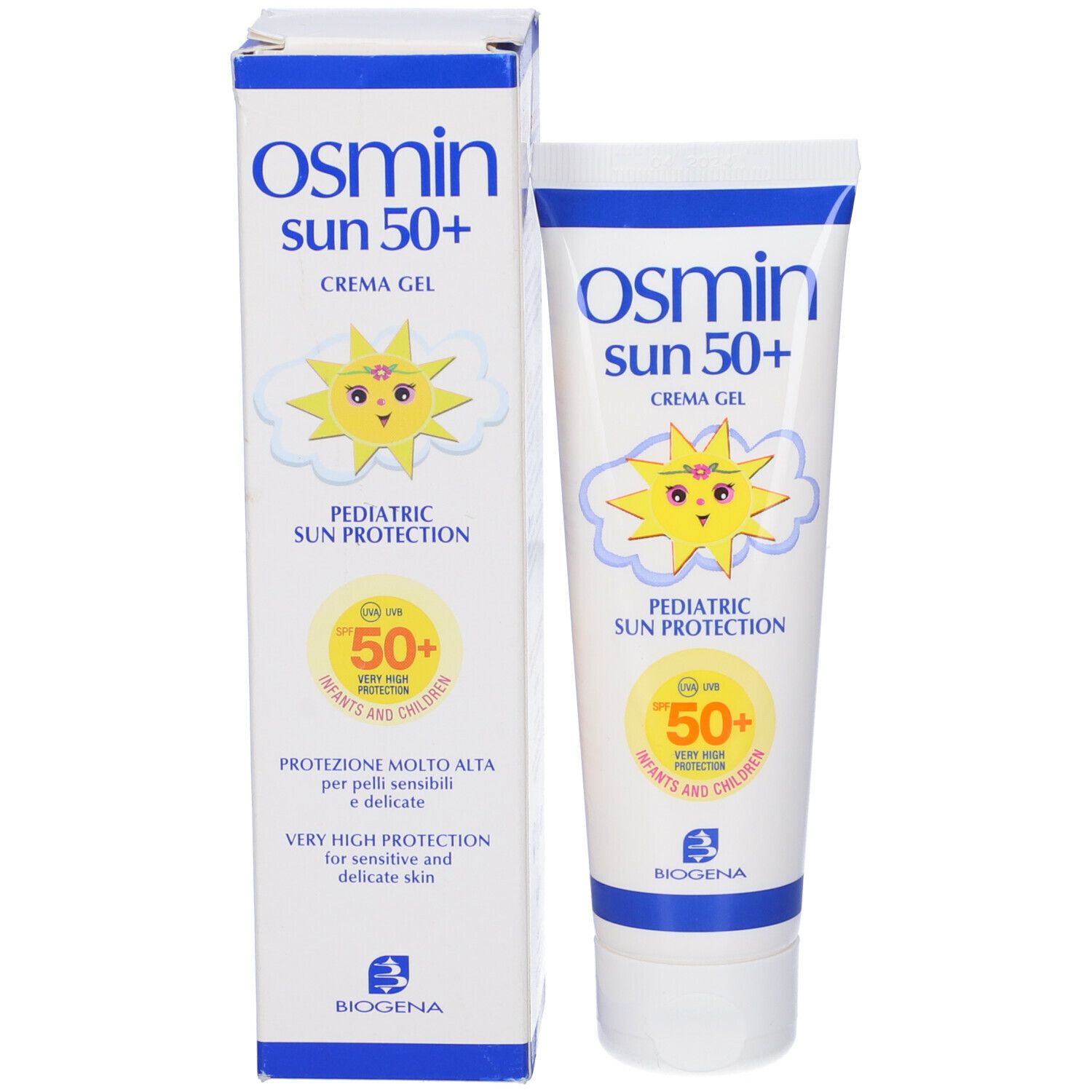 Tubo crema solare Osmin Sun 50+ e confezione. Protezione solare pediatrica.