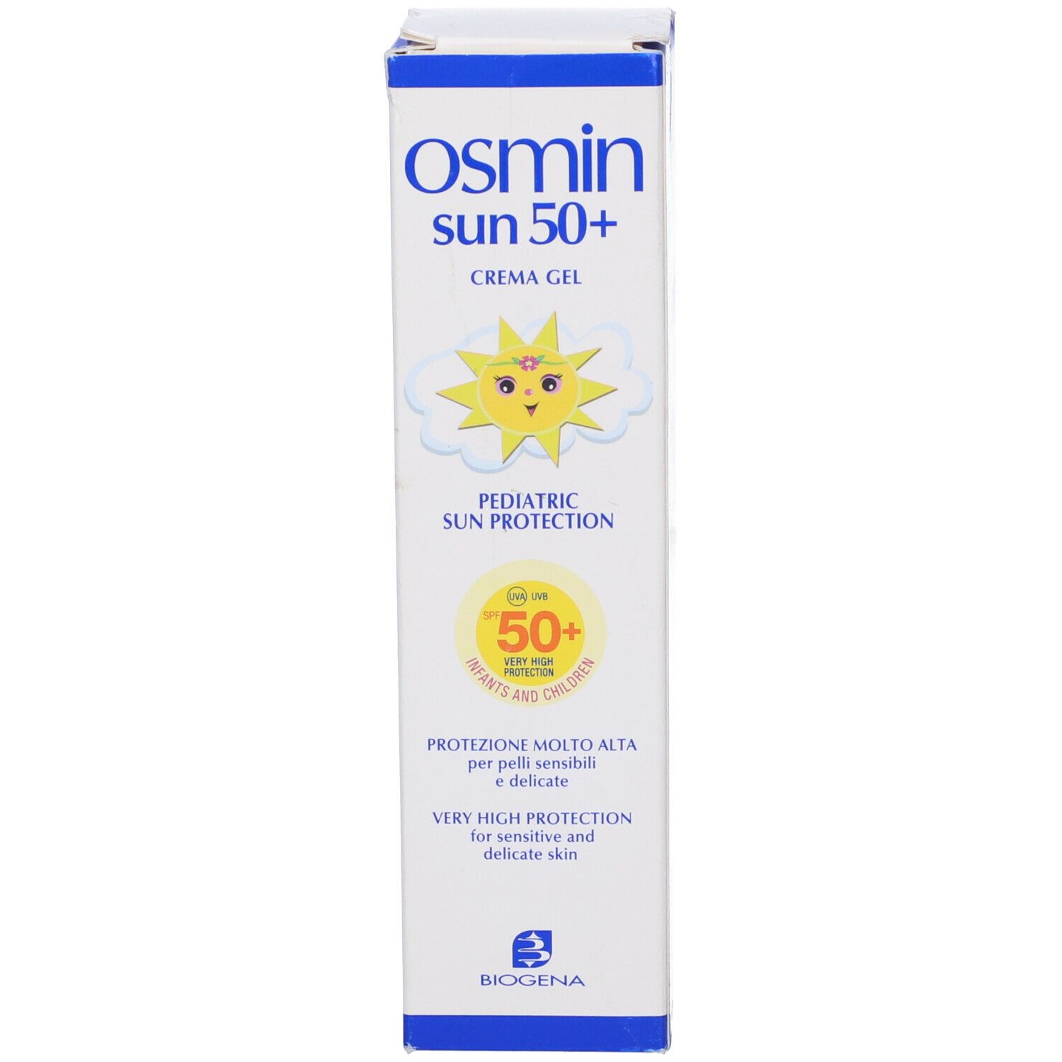 Confezione crema solare Osmin Sun 50+. Protezione solare pediatrica.