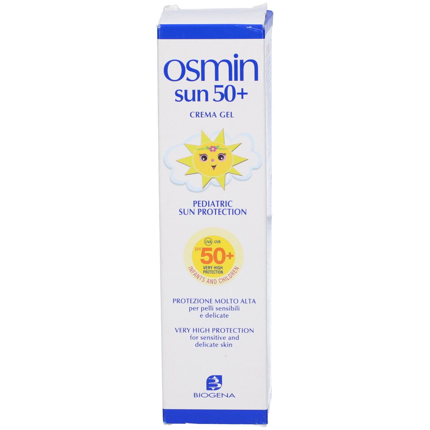 Confezione crema solare Osmin Sun 50+. Protezione solare pediatrica.
