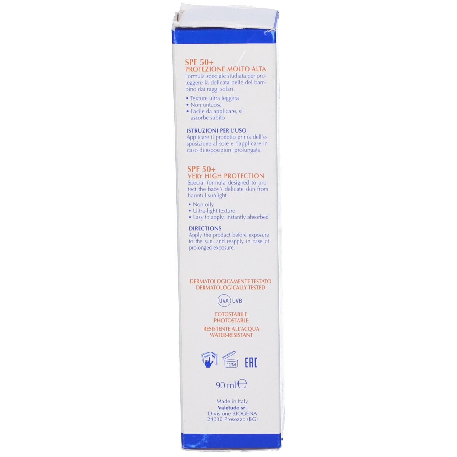Confezione crema solare Osmin Sun 50+. Retro con testo e informazioni.