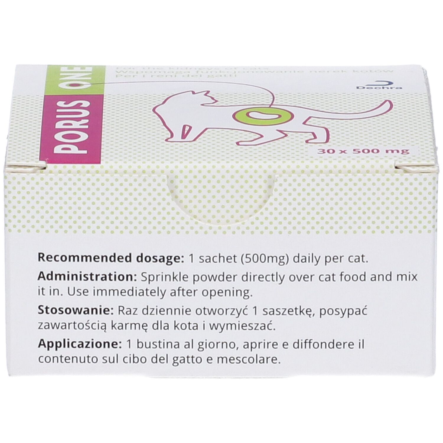 Porus One Karton mit 30 Beuteln à 500 mg für Katzen. Enthält Renaltec. Weiße Verpackung mit Katzenabbildung.