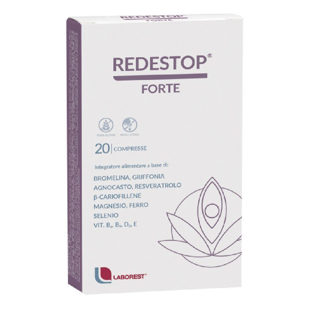 Scatola di compresse REDESTOP® Forte. Scritta: 20 Compresse. Logo Laborest.