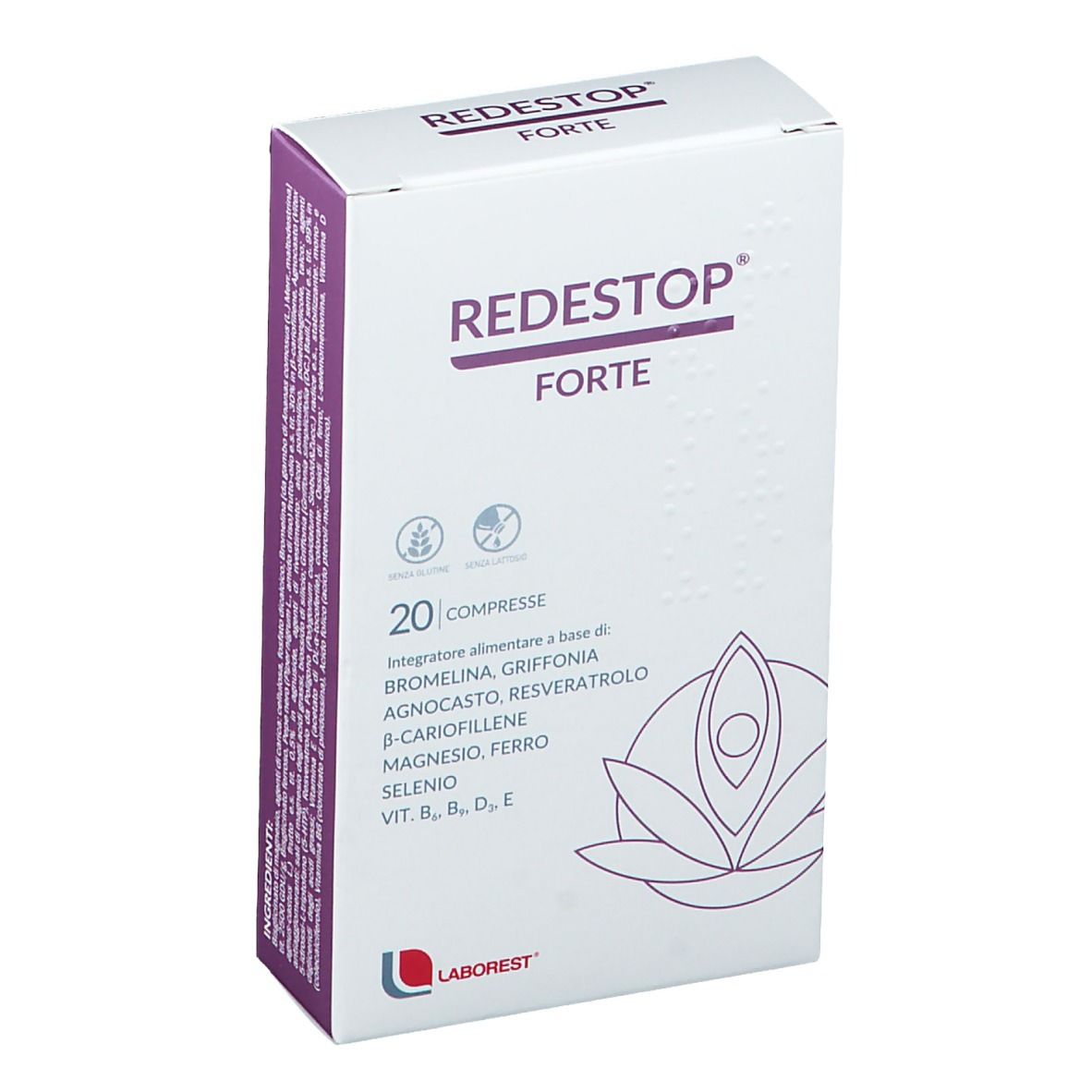 Scatola di compresse REDESTOP® Forte. Scritta: 20 Compresse. Logo Laborest.