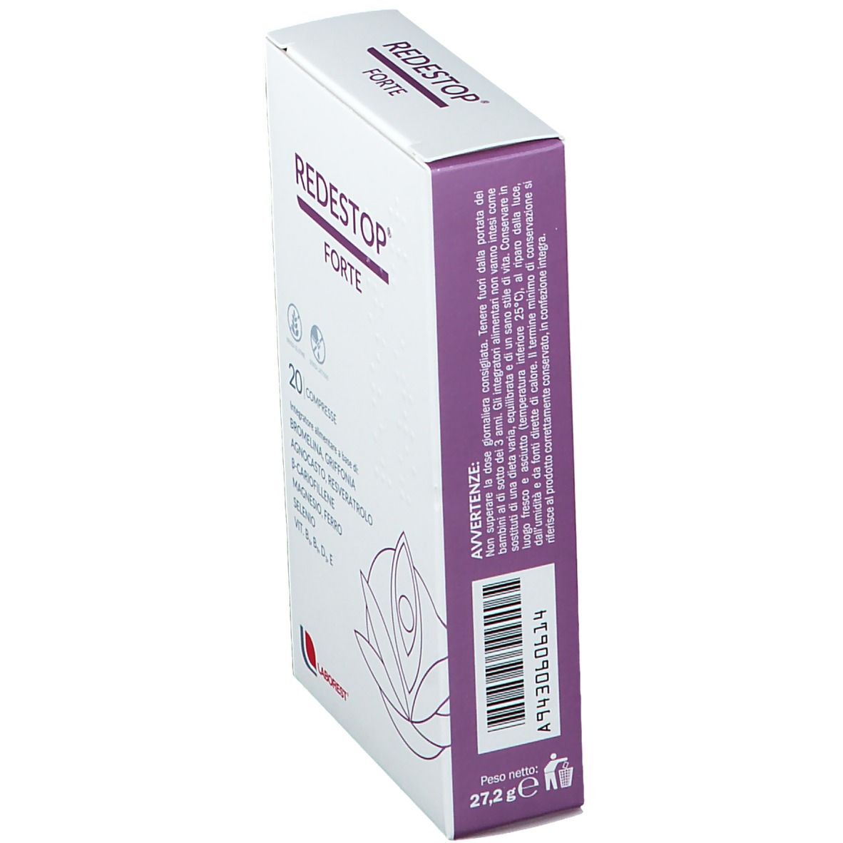 Scatola di compresse REDESTOP® Forte. Scritta: 20 Compresse. Logo Laborest.