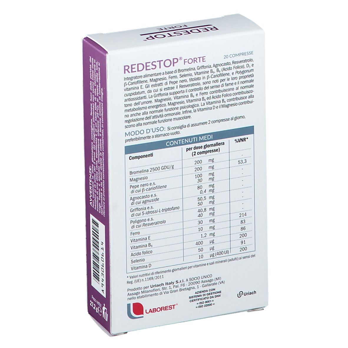 Scatola REDESTOP® Forte, retro con informazioni nutrizionali e ingredienti.