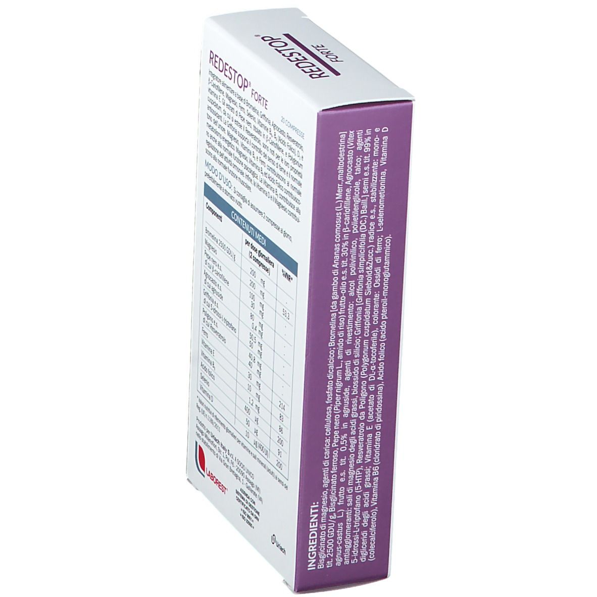 Scatola REDESTOP® Forte. Ingredienti e informazioni nutrizionali sul retro.