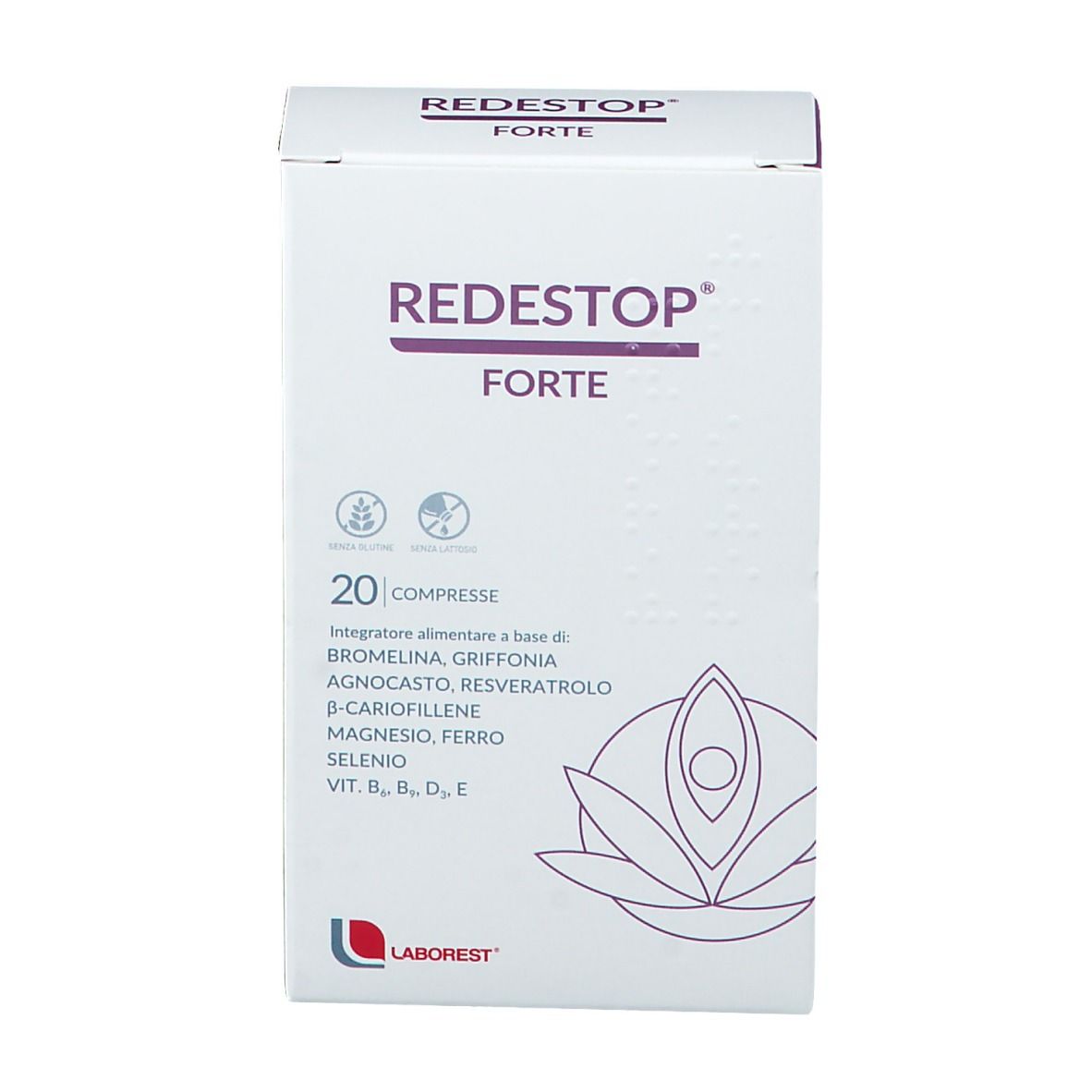 Scatola di compresse REDESTOP® Forte. Scritta: 20 Compresse. Logo Laborest.