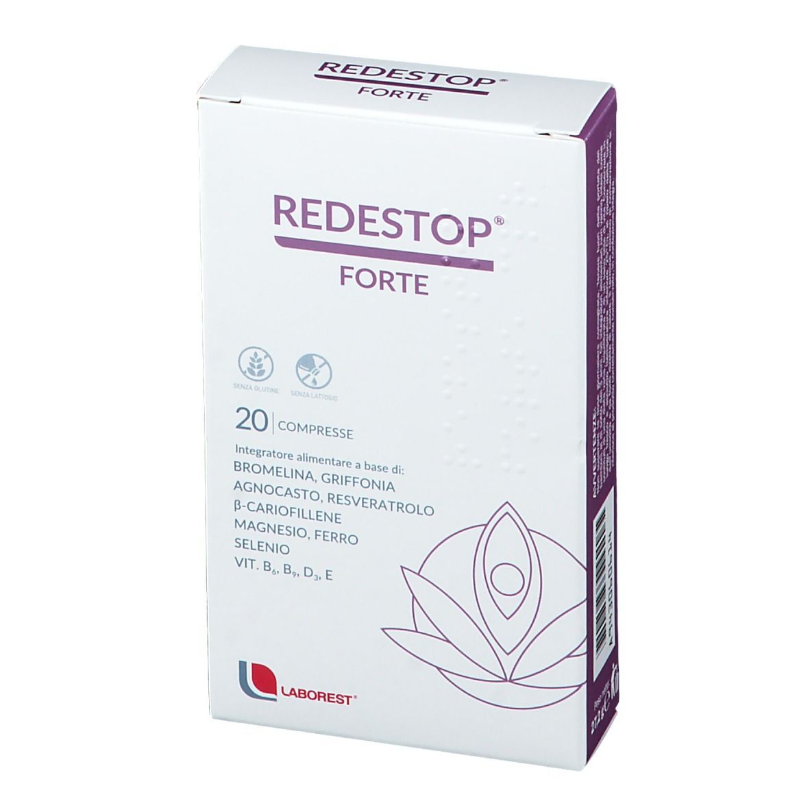 Scatola di compresse REDESTOP® Forte. Scritta: 20 Compresse. Logo Laborest.