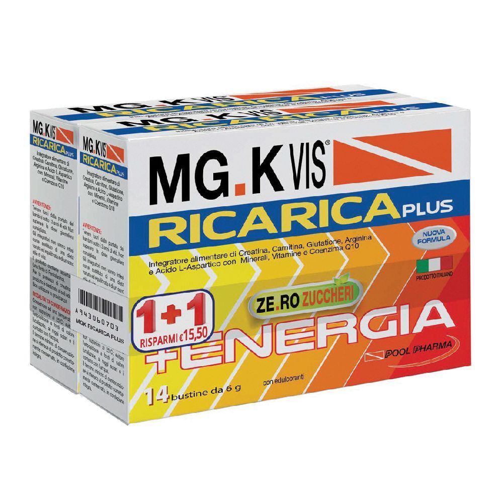 Confezione di MG.K VIS Ricarica Plus + Energia Duo Pack. Contiene 14 bustine. Testo: ZERO ZUCCHERI, +ENERGIA.