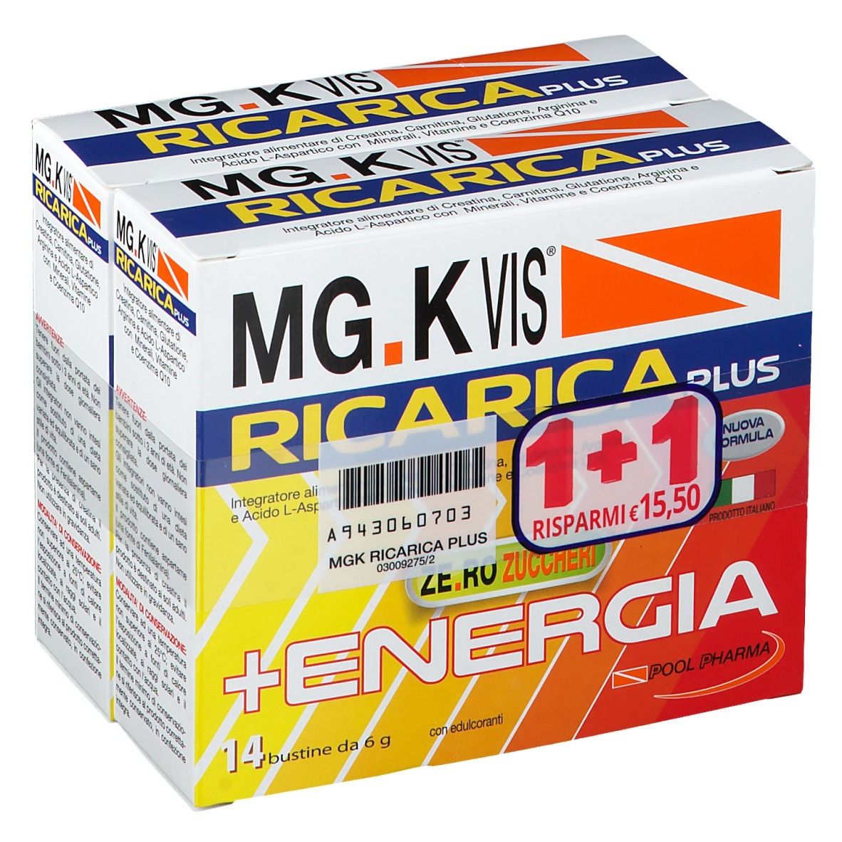 Confezione di MG.K VIS Ricarica Plus + Energia Duo Pack. Offerta 1+1. Contiene 14 bustine. Testo: ZERO ZUCCHERI.