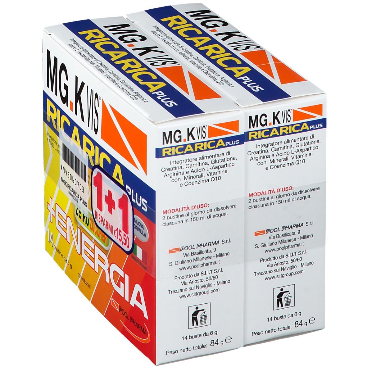 Due confezioni di MG.K VIS Ricarica Plus + Energia Duo Pack. Retro con informazioni e istruzioni. 14 bustine.