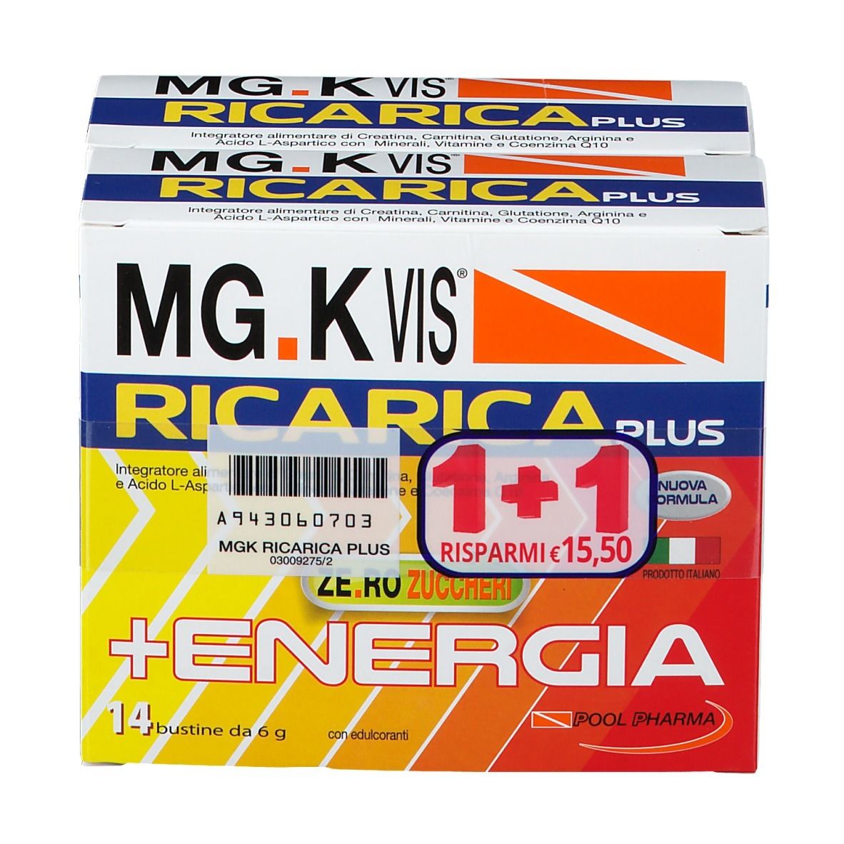 Confezione di MG.K VIS Ricarica Plus + Energia Duo Pack. Offerta 1+1. Contiene 14 bustine. Testo: ZERO ZUCCHERI.