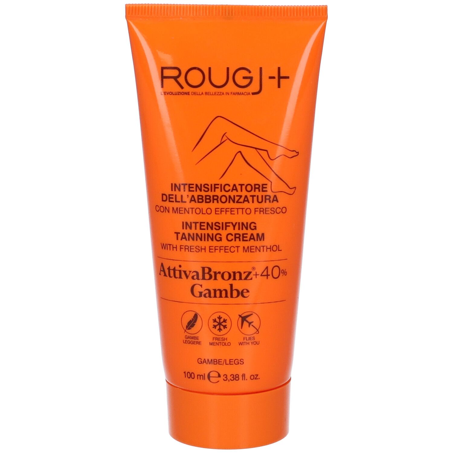 Tubo arancione con nome del prodotto e illustrazione gambe. Testo: Intensificatore abbronzatura con mentolo. Marchio ROUGJ+ AttivaBronz +40% Gambe.