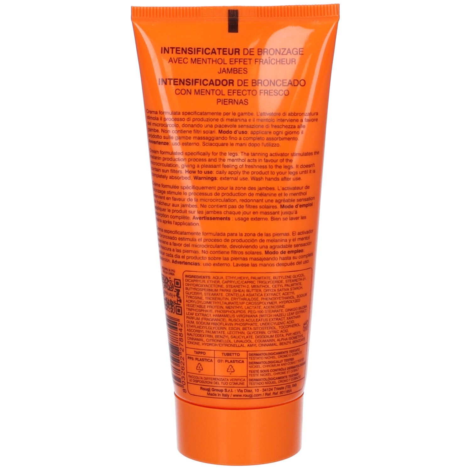 Retro del tubo arancione. Testo multilingue. Informazioni sul prodotto, ingredienti e utilizzo. Simboli di riciclaggio.